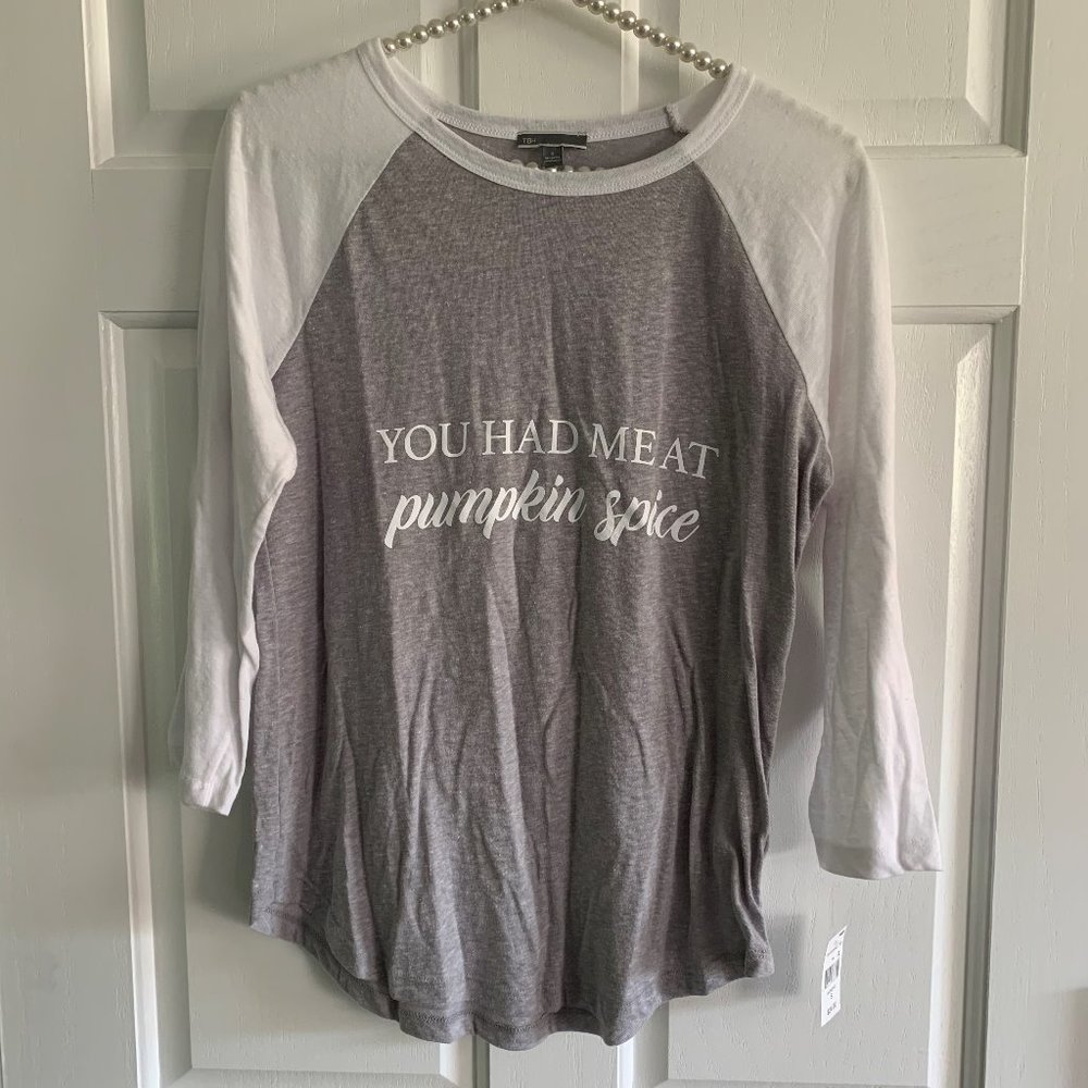 NEW TBH Ladies Pumpkin Spice 3/4 Sleeve Baseball Tee Size S